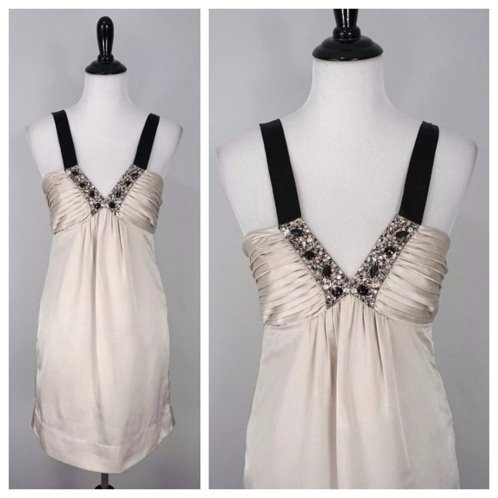 BCBG MAX AZRIA Beige Black Sequin Rhinestone V-Neck Pleated Formal Dress Size 4